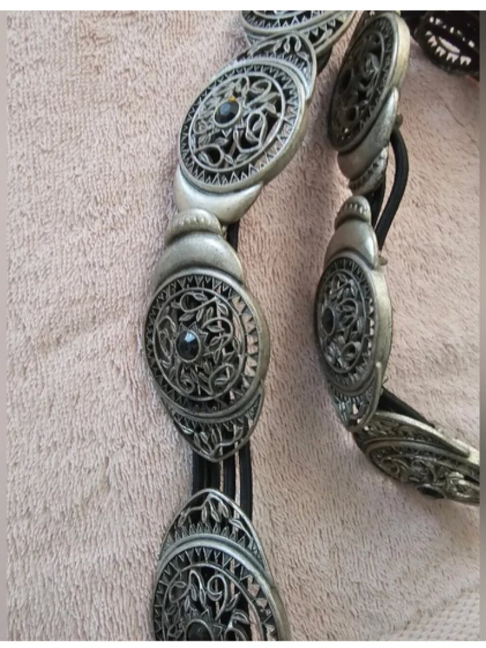 Chico's One Size Stretch Black Cord Silver Concho Adjustable Medallion Belt